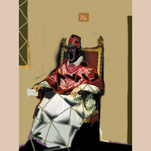 neocubism, male portrait, black pope, faceted, distorted, contemporary art, portrait, cubism, Brooklyn, painting, Nicholaas Chiao