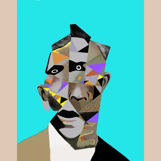 male portrait, turquiose, neocubism, contemporary art, portrait, cubism, Brooklyn, painting, Nicholaas Chiao