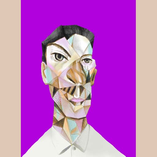 portrait of man, violet background, distorted, geometric, neocubism, contemporary art, portrait, cubism, Brooklyn, painting, Nicholaas Chiao
