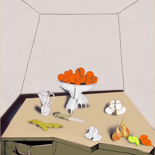 still life, oranges, neocubism, contemporary art, cubism, Brooklyn, painting, Nicholaas Chiao